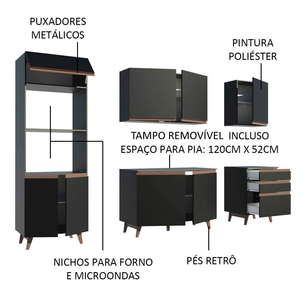 Armário de Cozinha Completa 250cm Preto Reims Madesa