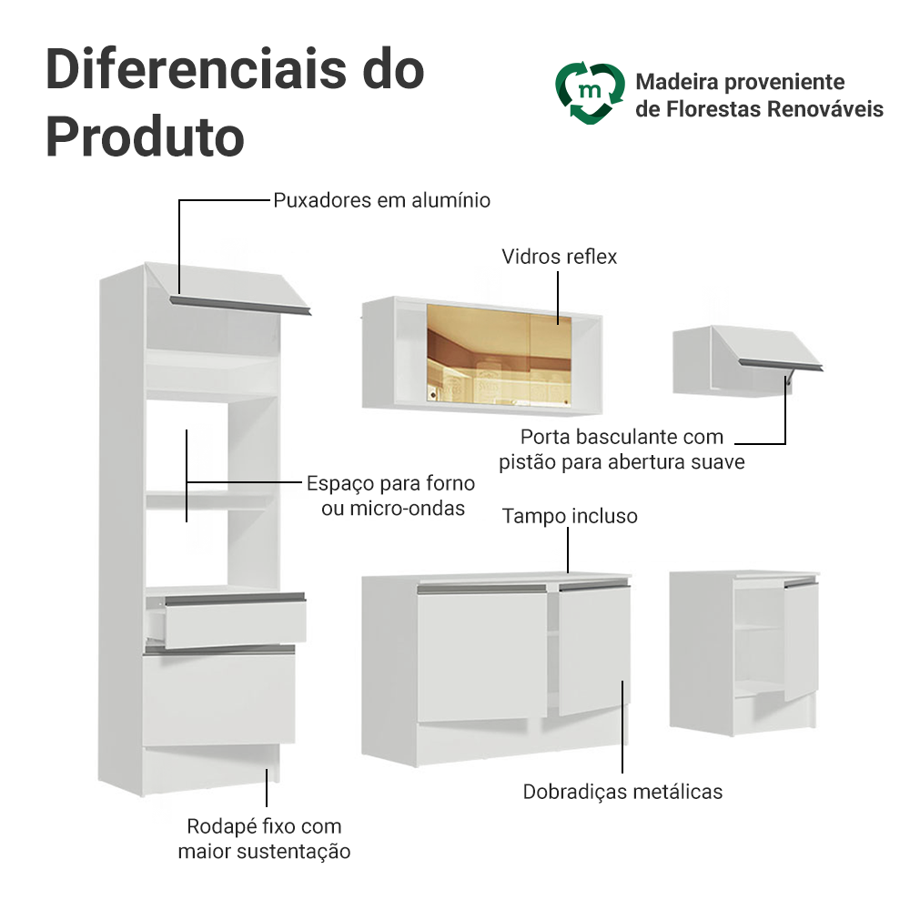 Armário de Cozinha Completa 240cm Branco Diamante Madesa