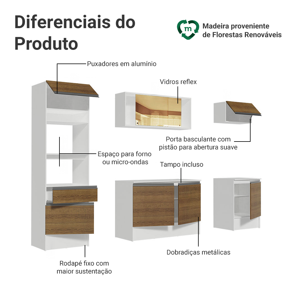 Armário de Cozinha Completa 240cm Branco/Rustic Diamante Madesa