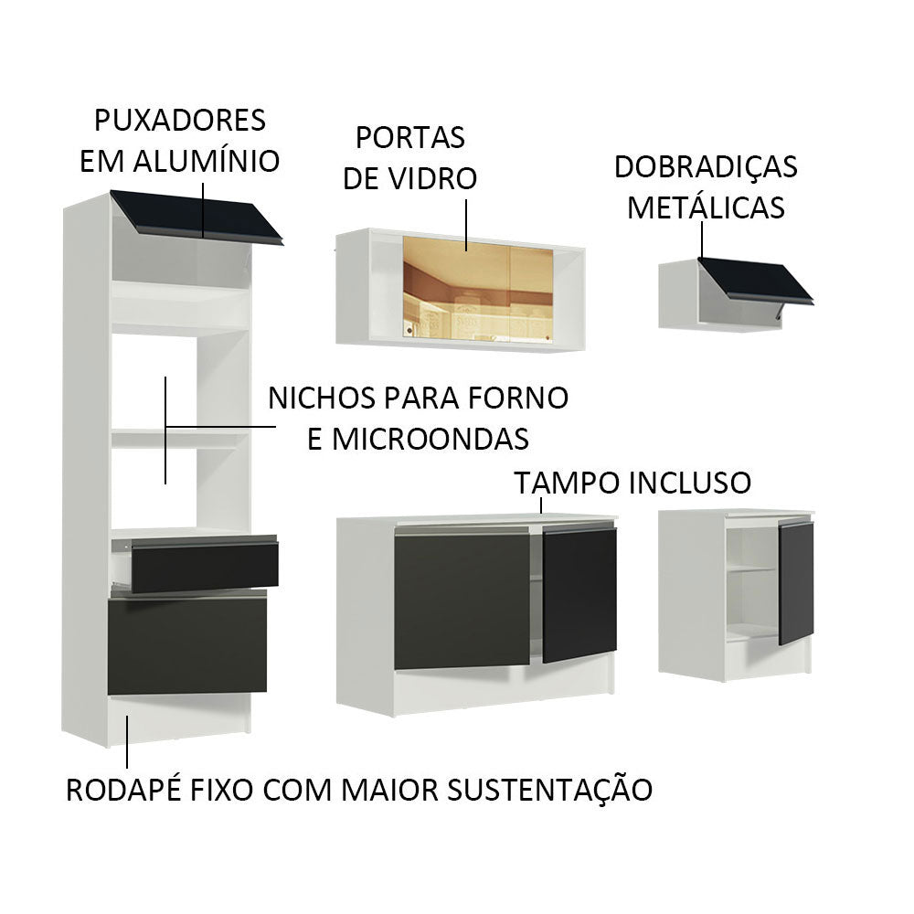 Armário de Cozinha Completa 240cm Branco/Preto Diamante Madesa