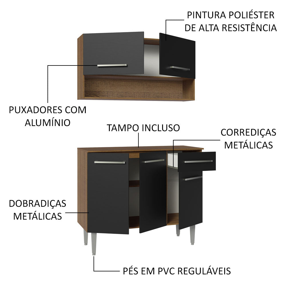 Armário de Cozinha Compacta 105cm Rustic/Preto Emilly Madesa