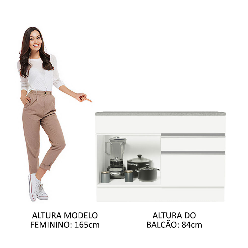 Balcão Gabinete 120 x 60 cm 1 Porta 2 Gavetas Branco (Com Tampo) Glamy Madesa