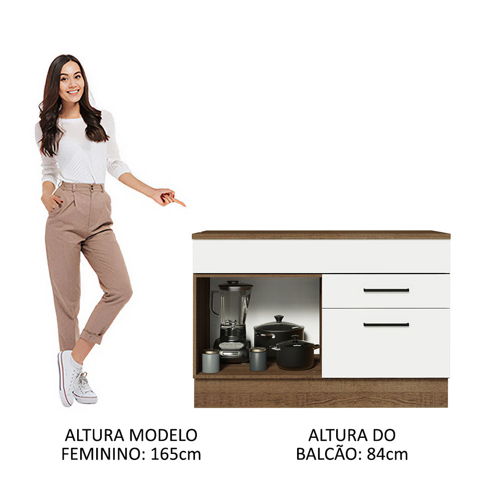 Balcão Gabinete 120 x 60 cm 1 Porta 2 Gavetas Rustic/Branco (Com Tampo) Agata Madesa
