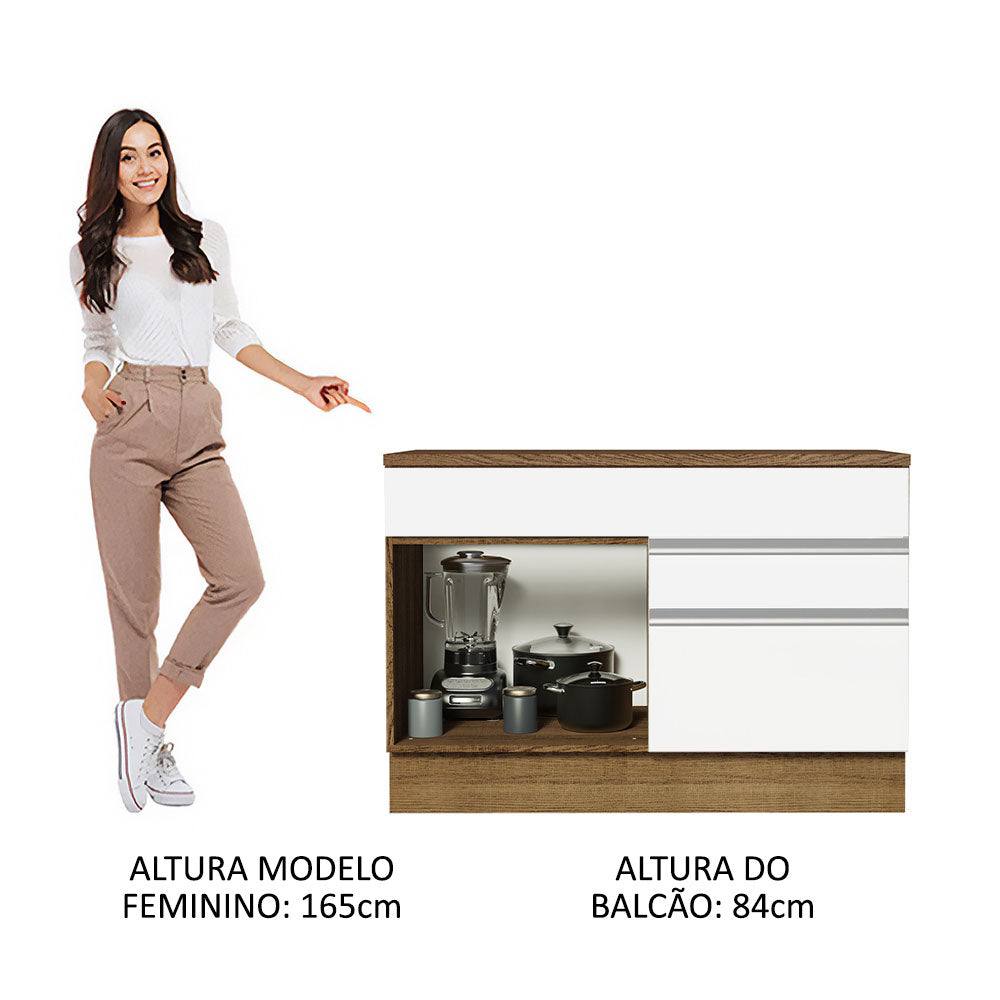 Balcão Gabinete 120 x 60 cm 1 Porta 2 Gavetas Rustic/Branco (Com Tampo) Glamy Madesa