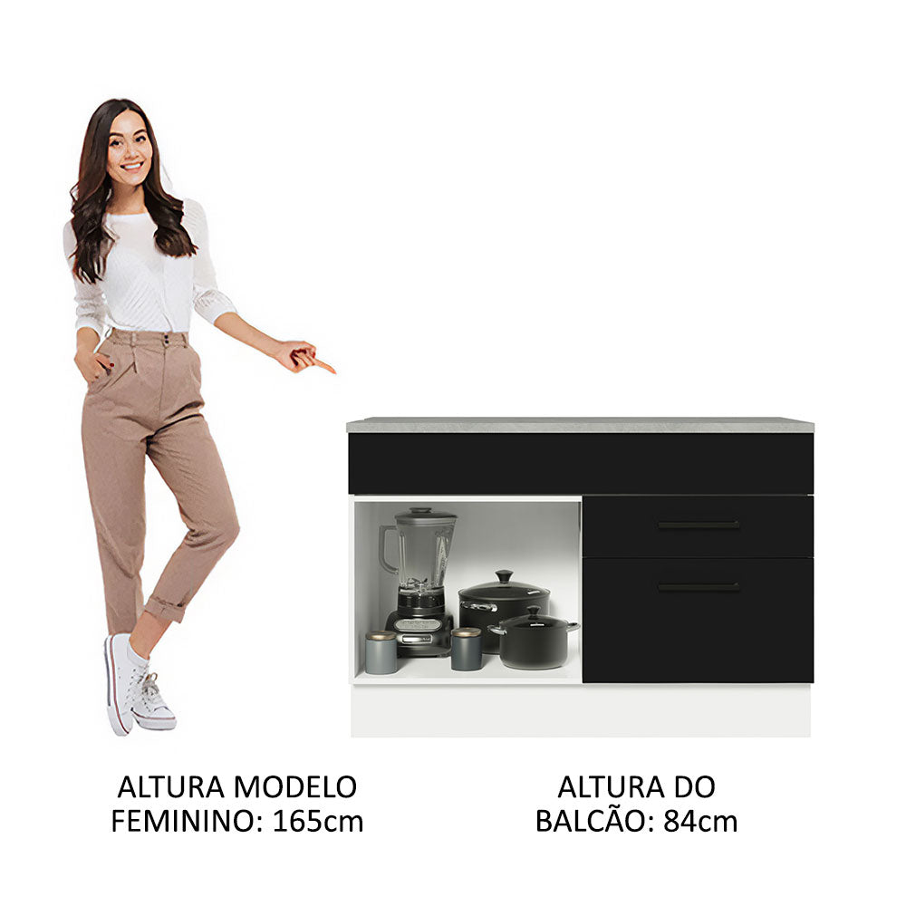 Balcão Gabinete 120 x 60 cm 1 Porta 2 Gavetas Branco/Preto (Com Tampo) Agata Madesa