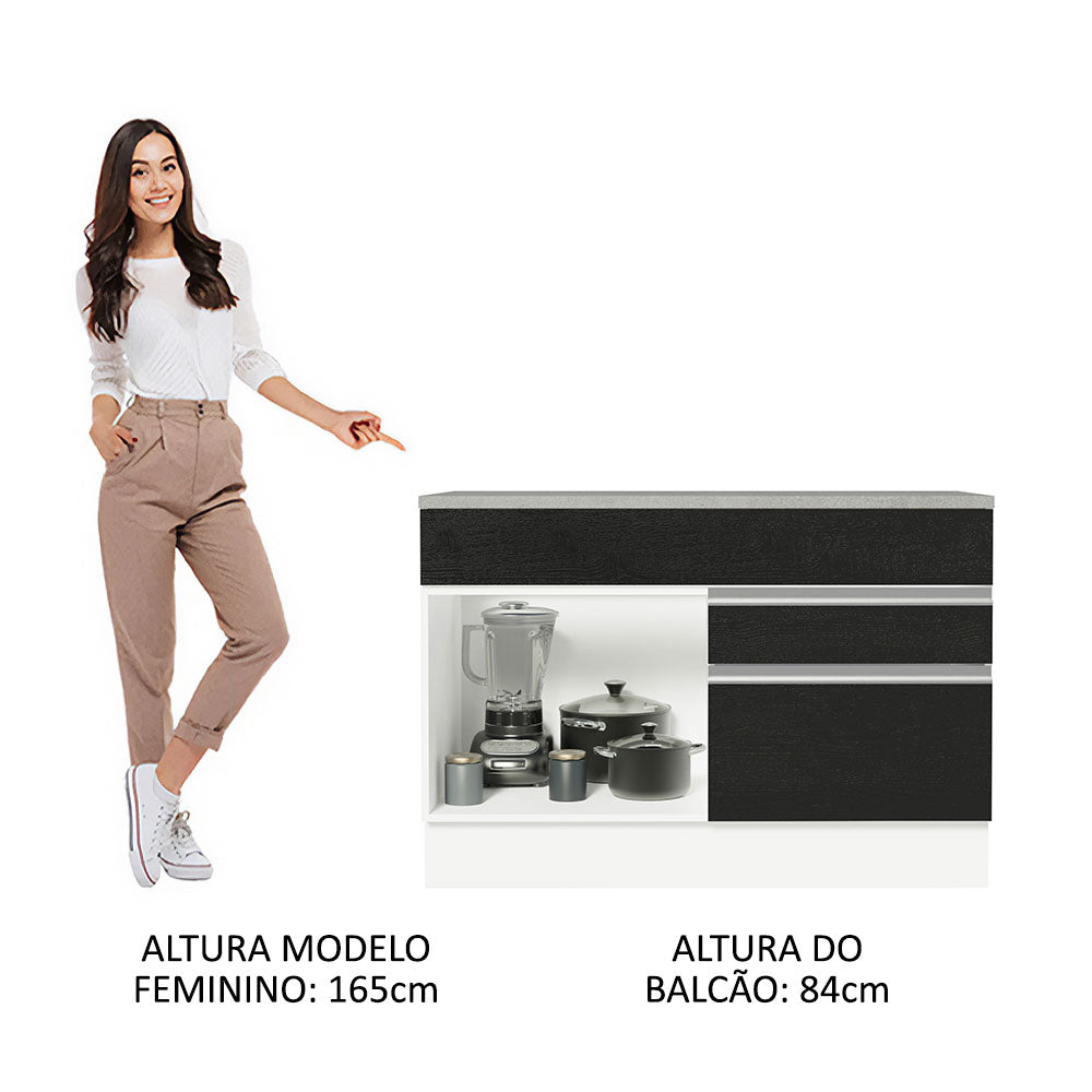 Balcão Gabinete 120 x 60 cm 1 Porta 2 Gavetas Branco/Preto (Com Tampo) Glamy Madesa