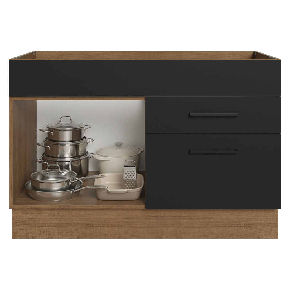 Balcão Gabinete de Pia 120 x 60 cm 1 Porta 2 Gavetas Rustic/Preto (Sem Tampo) Agata Madesa