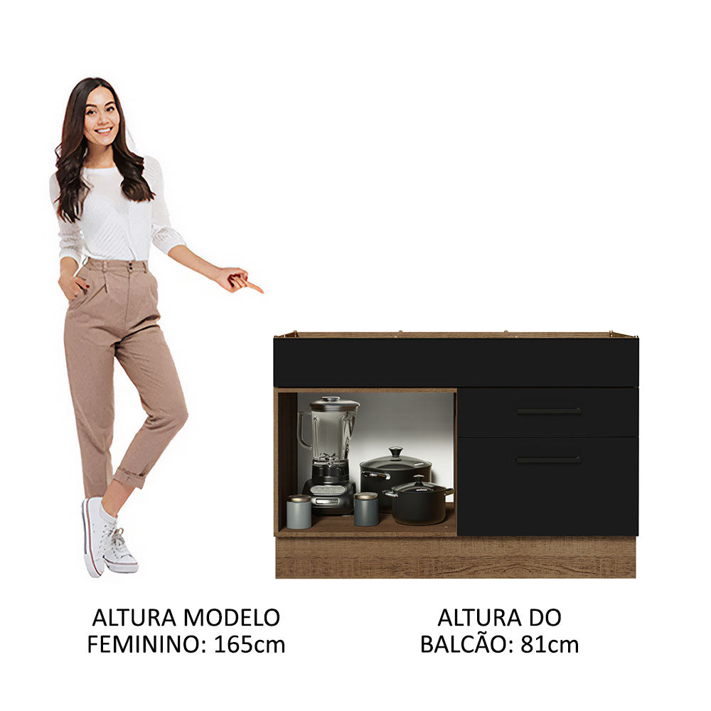 Balcão Gabinete de Pia 120 x 60 cm 1 Porta 2 Gavetas Rustic/Preto (Sem Tampo) Agata Madesa