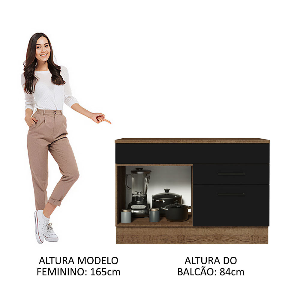 Balcão Gabinete 120 x 60 cm 1 Porta 2 Gavetas Rustic/Preto (Com Tampo) Agata Madesa