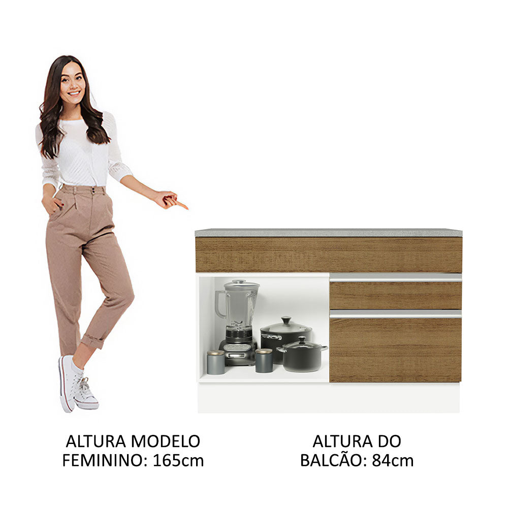 Balcão Gabinete 120 x 60 cm 1 Porta 2 Gavetas Branco/Rustic (Com Tampo) Glamy Madesa