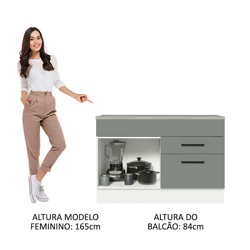 Balcão Gabinete 120 x 60 cm 1 Porta 2 Gavetas Branco/Cinza (Com Tampo) Agata Madesa