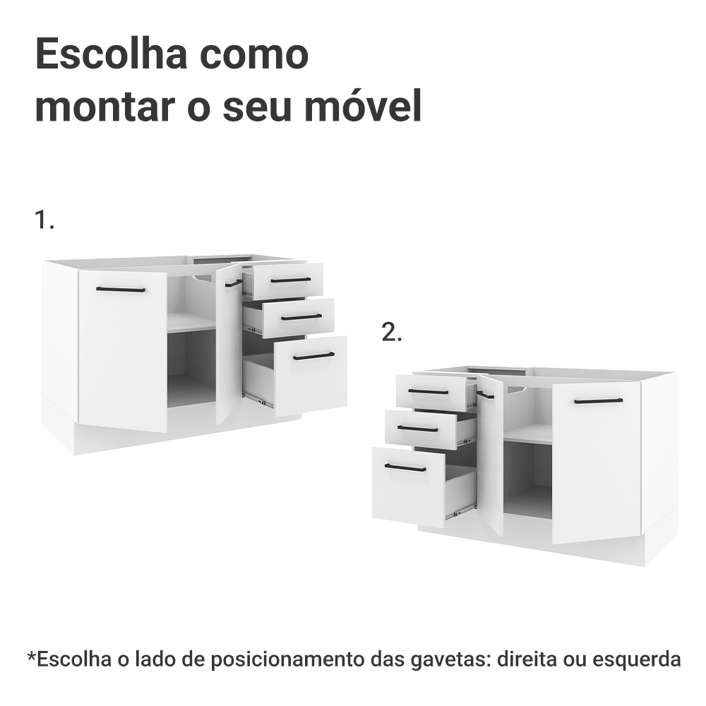 Balcão Gabinete de Pia Madesa Agata 120 x 60 cm 2 Portas e 3 Gavetas (Sem Tampo) Branco