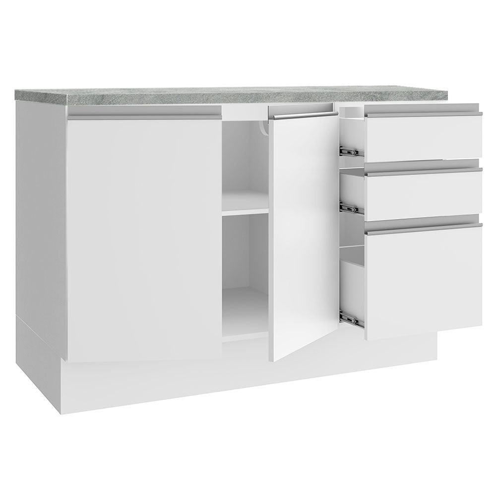 Balcão Cozinha 120 x 60 cm 2 Portas e 3 Gavetas (Com Tampo) Branco Glamy Madesa