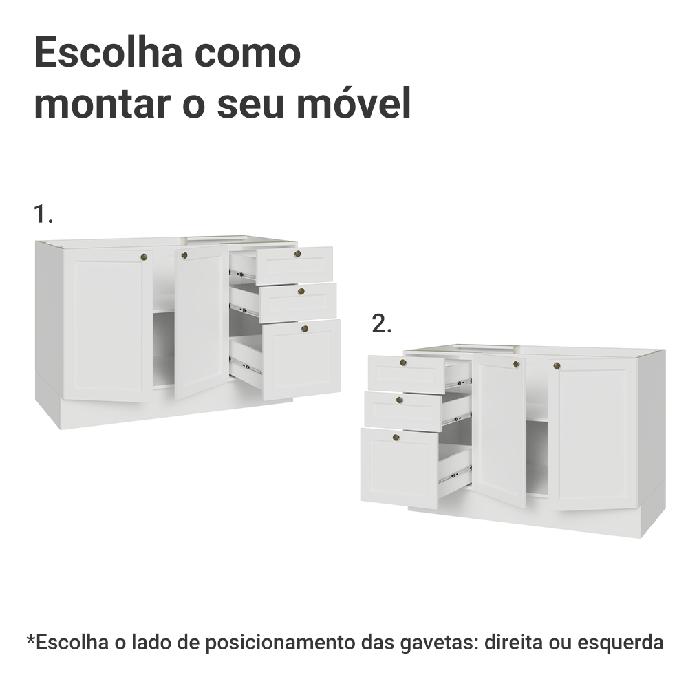 Balcão de Pia 120 x 60 cm 2 Portas 3 Gavetas (Sem Tampo) Branco Vik Madesa