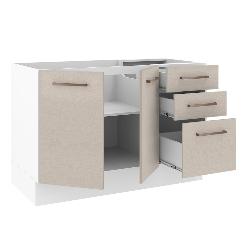 Balcão Gabinete de Pia 120 x 60 cm 2 Portas e 3 Gavetas (Sem Tampo) Branco/Crema Agata Madesa