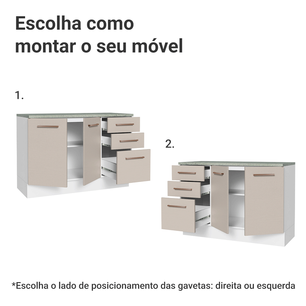 Balcão Cozinha 120 x 60 cm 2 Portas e 3 Gavetas (Com Tampo) Branco/Crema Agata Madesa