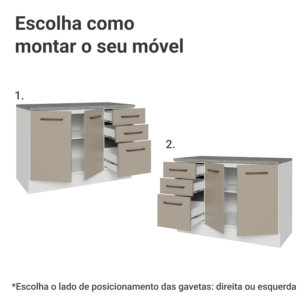 Balcão Cozinha 120 x 60 cm 2 Portas e 3 Gavetas (Com Tampo) Branco/Crema Agata Madesa