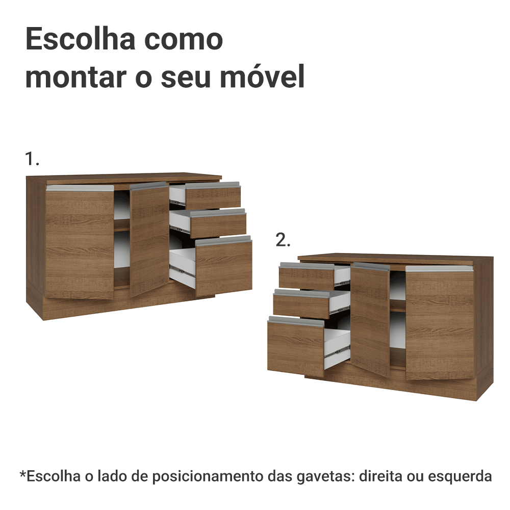 Balcão Cozinha 120 x 60 cm 2 Portas e 3 Gavetas (Com Tampo) Rustic Glamy Madesa