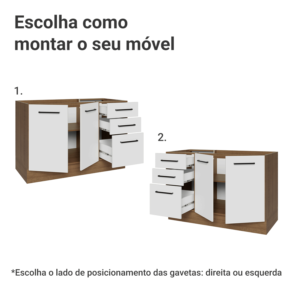 Balcão Gabinete de Pia Madesa Agata 120 x 60 cm 2 Portas e 3 Gavetas (Sem Tampo) Rustic/Branco
