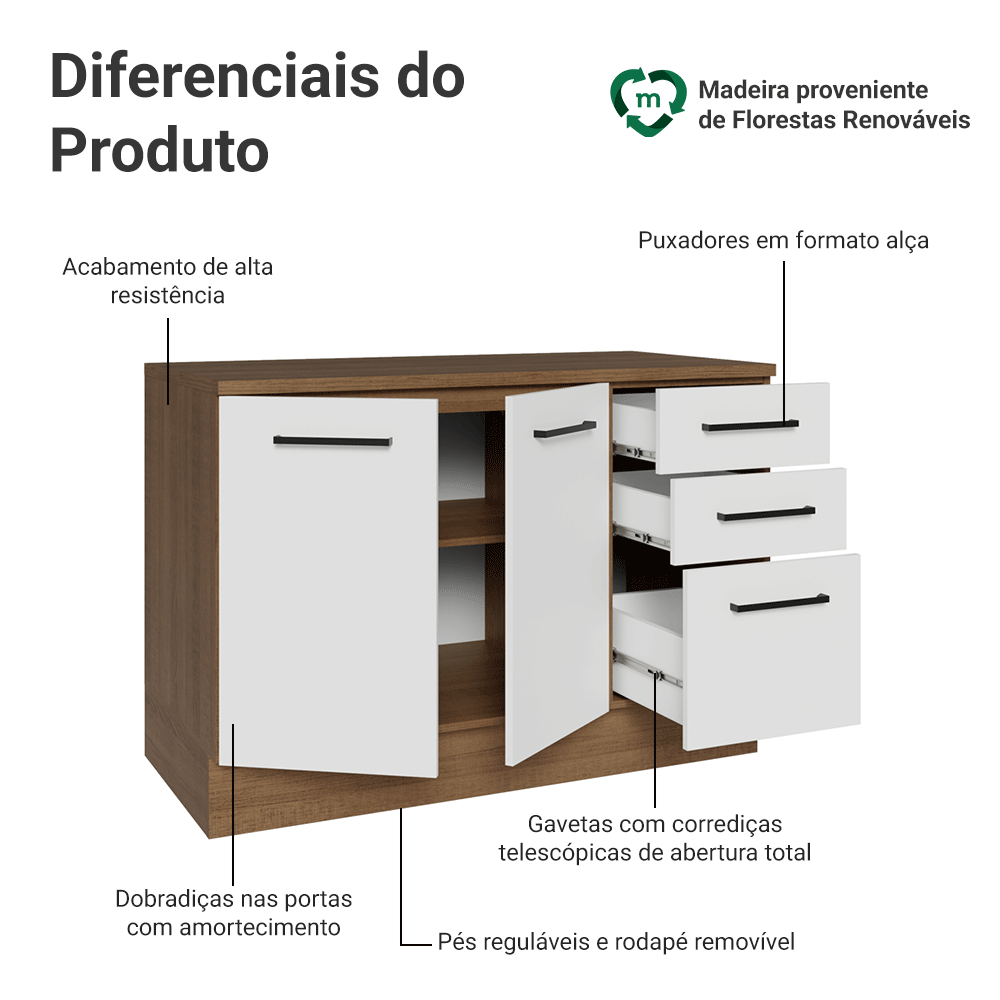 Balcão Cozinha 120 x 60 cm 2 Portas e 3 Gavetas (Com Tampo) Rustic/Branco Agata Madesa