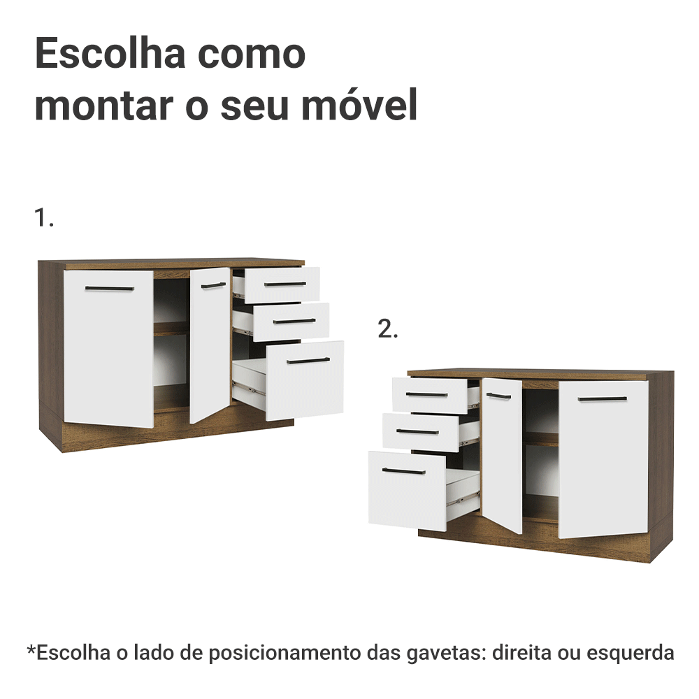 Balcão Cozinha 120 x 60 cm 2 Portas e 3 Gavetas (Com Tampo) Rustic/Branco Agata Madesa