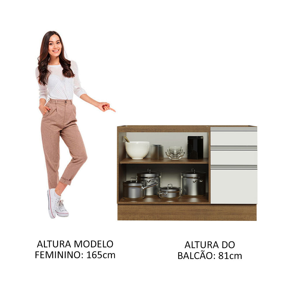Balcão Gabinete de Pia Madesa Glamy 120 x 60 cm 2 Portas e 3 Gavetas (Sem Tampo) Rustic/Branco