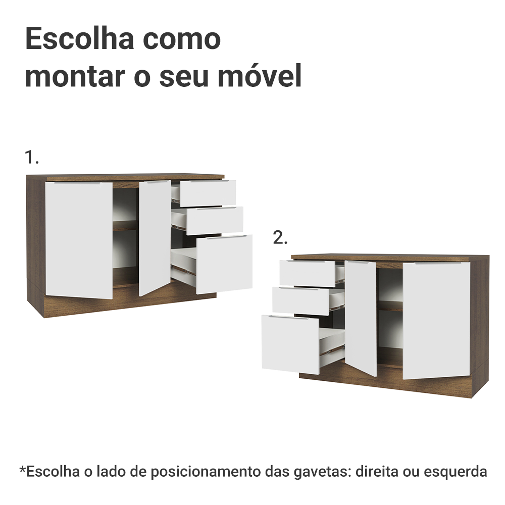 Balcão Cozinha 120 x 60 cm 2 Portas e 3 Gavetas (Com Tampo) Rustic/Branco Stella Madesa
