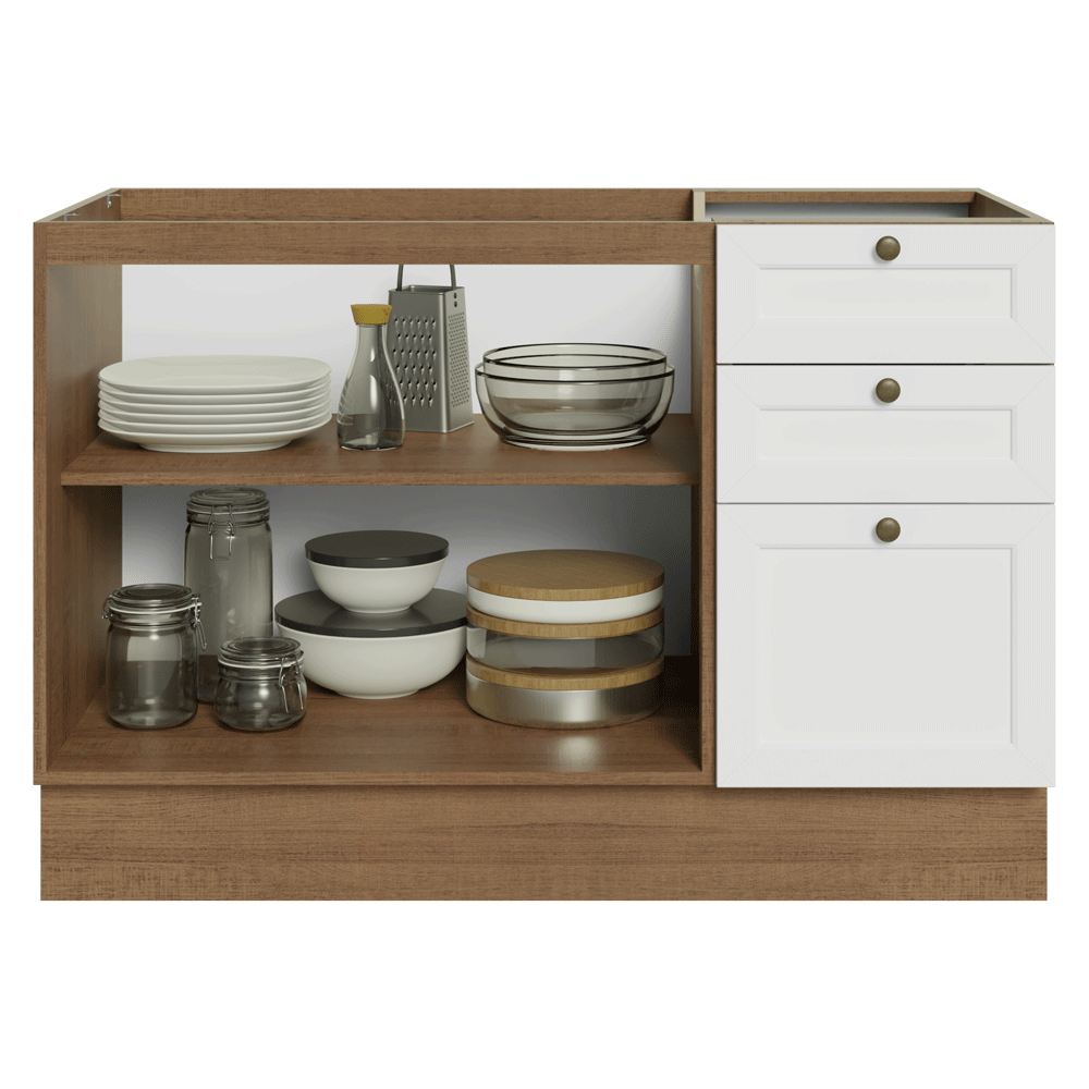 Balcão de Pia 120 x 60 cm 2 Portas 3 Gavetas (Sem Tampo) Rustic/Branco Vik Madesa