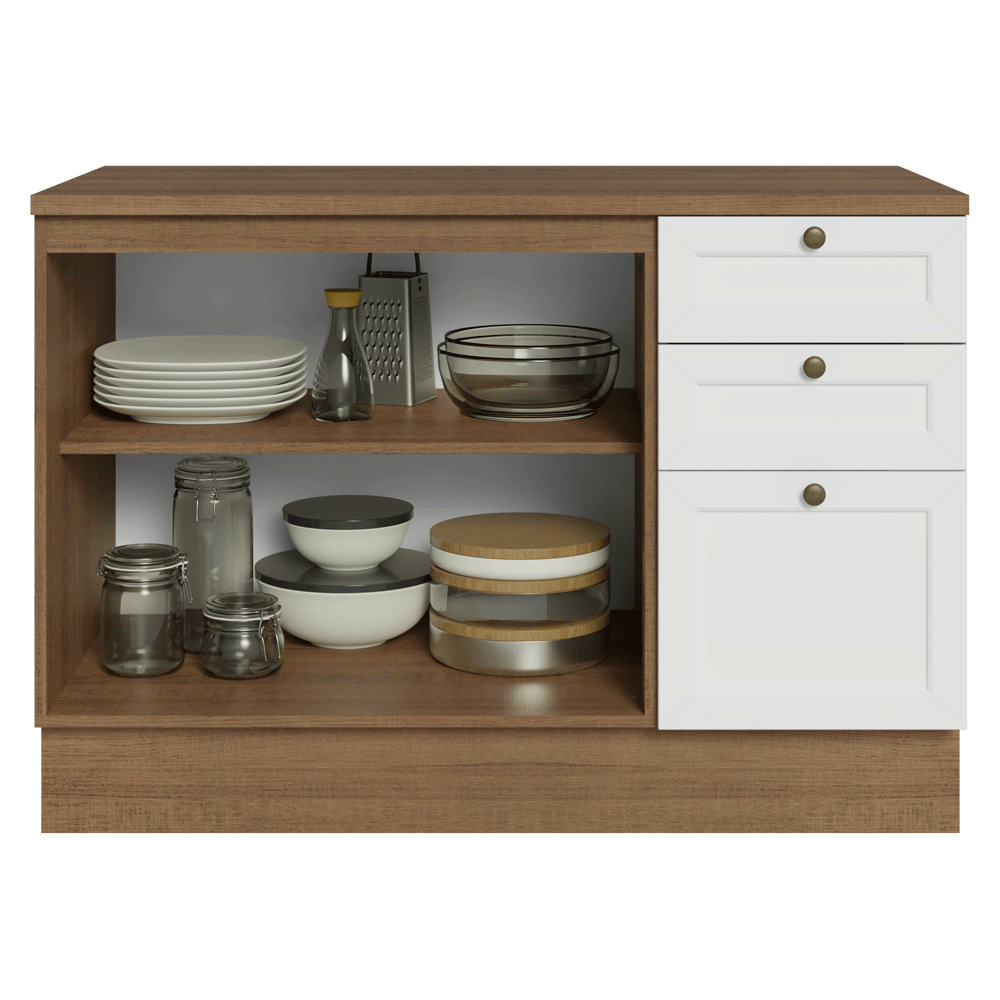 Balcão de Cozinha 120 x 60 cm 2 Portas 3 Gavetas (Com Tampo) Rustic/Branco Vik Madesa