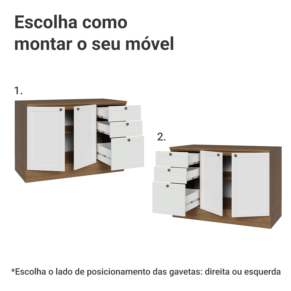Balcão de Cozinha 120 x 60 cm 2 Portas 3 Gavetas (Com Tampo) Rustic/Branco Vik Madesa
