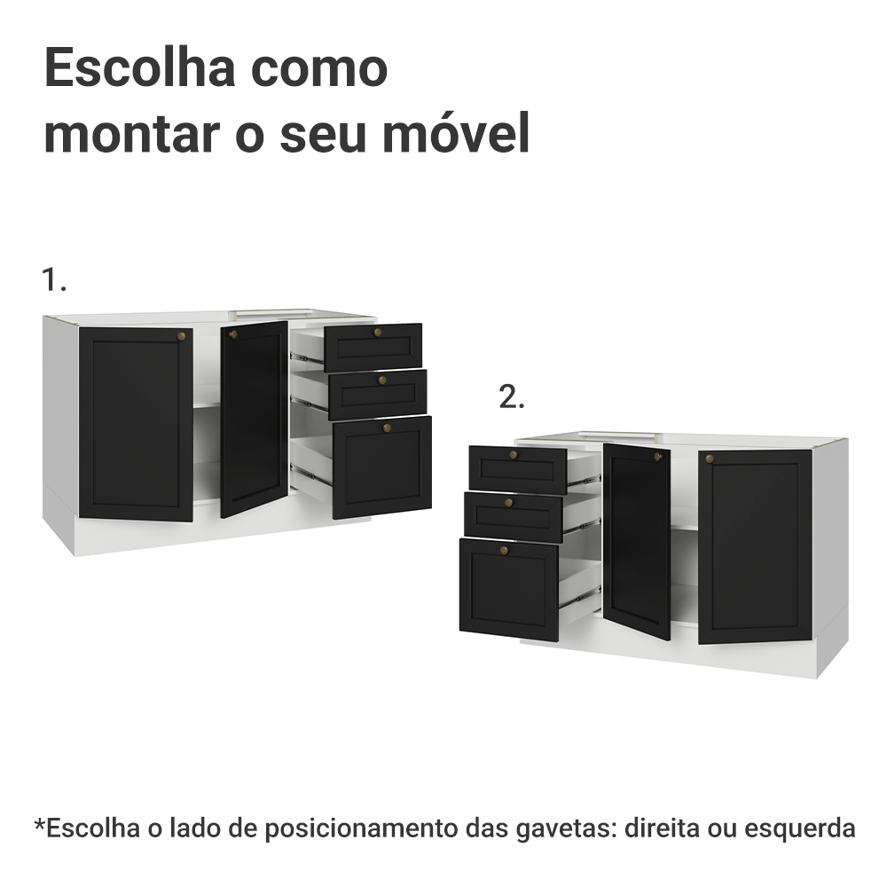 Balcão de Pia 120 x 60 cm 2 Portas 3 Gavetas (Sem Tampo) Branco/Preto Vik Madesa