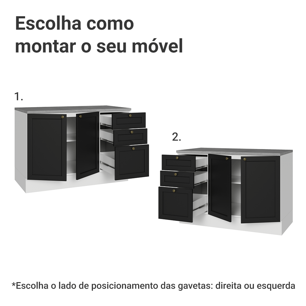Balcão de Cozinha 120 x 60 cm 2 Portas 3 Gavetas (Com Tampo) Branco/Preto Vik Madesa