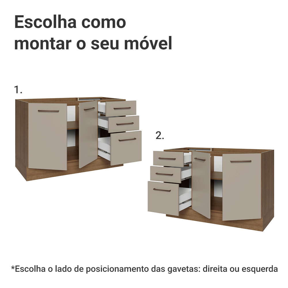 Balcão Gabinete de Pia 120 x 60 cm 2 Portas e 3 Gavetas (Sem Tampo) Rustic/Crema Agata Madesa