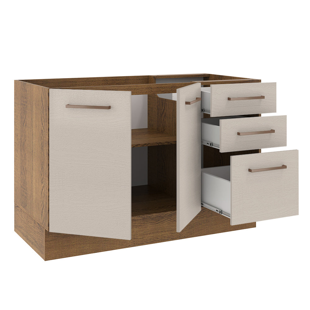 Balcão Gabinete de Pia 120 x 60 cm 2 Portas e 3 Gavetas (Sem Tampo) Rustic/Crema Agata Madesa