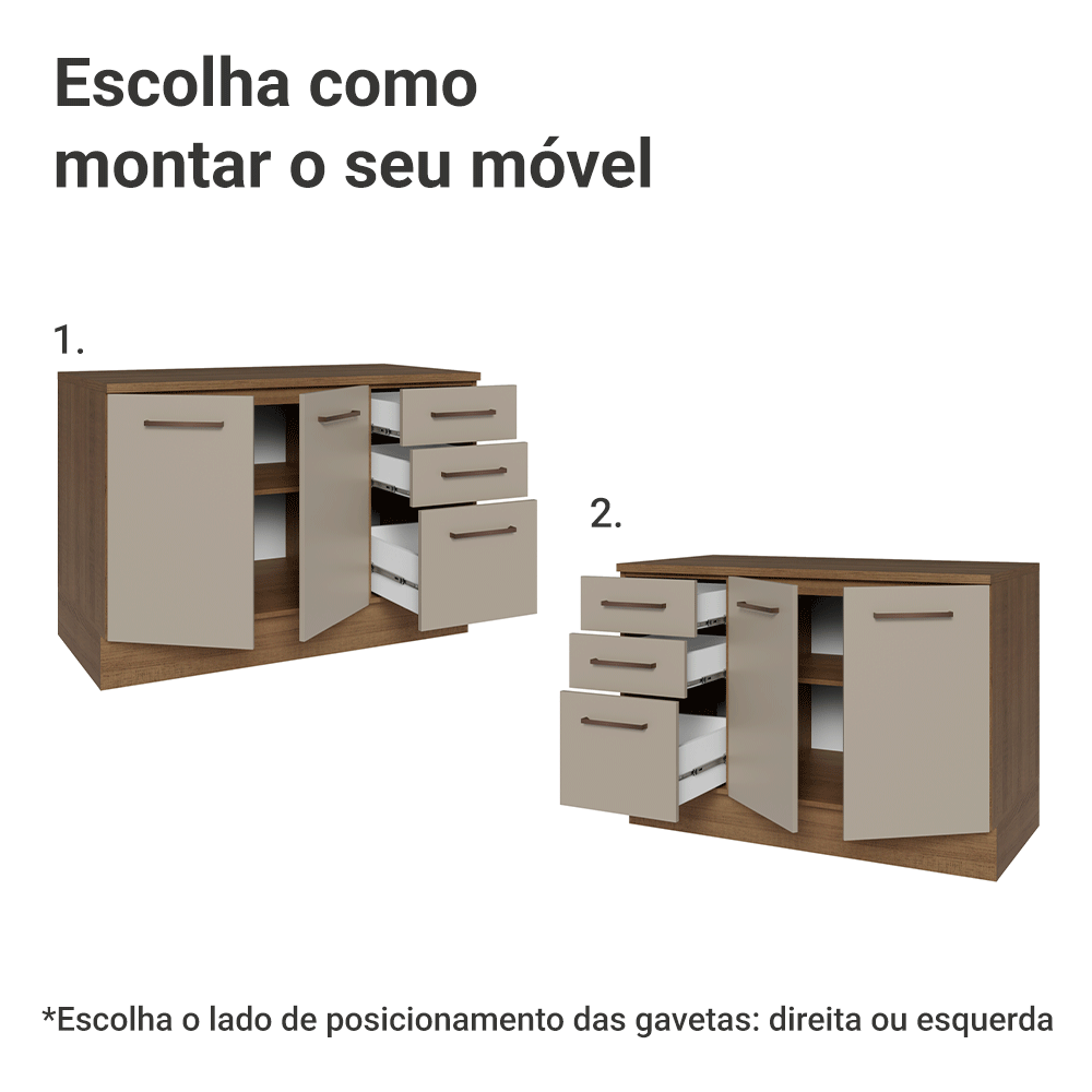 Balcão Cozinha 120 x 60 cm 2 Portas e 3 Gavetas (Com Tampo) Rustic/Crema Agata Madesa