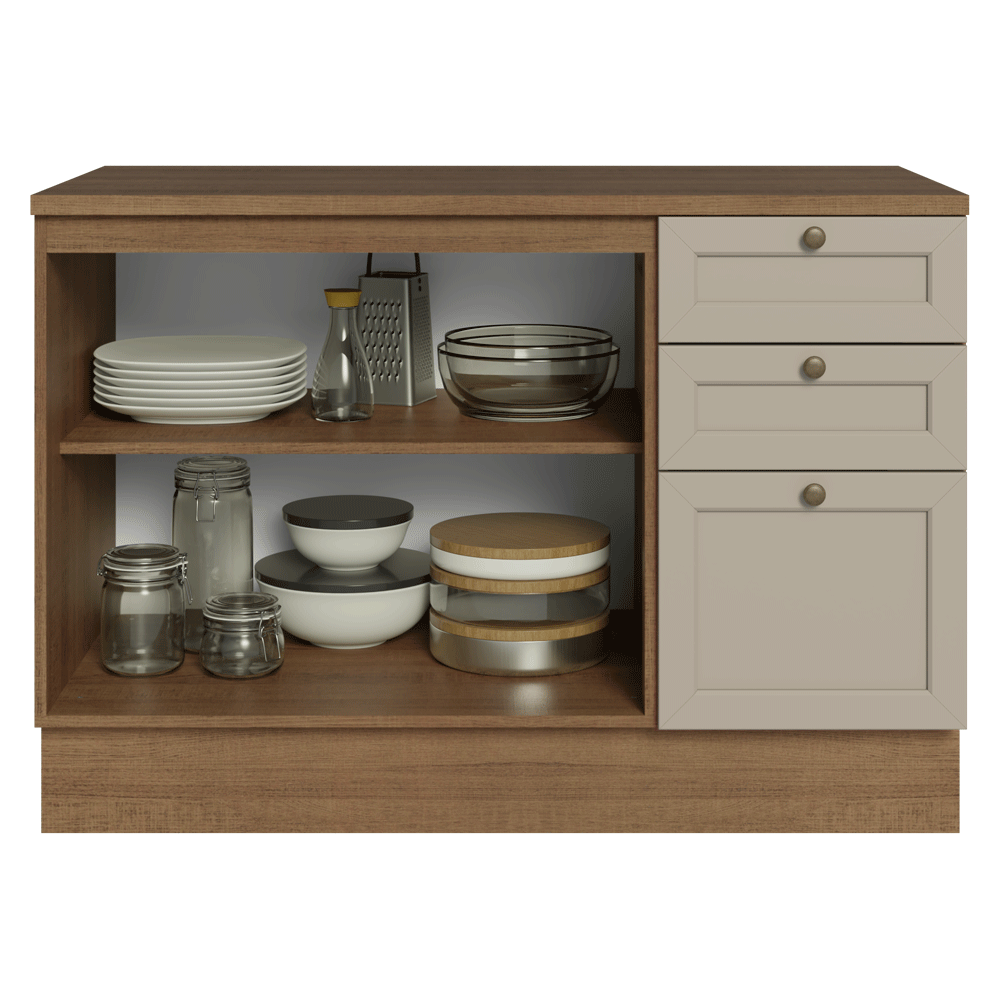 Balcão de Cozinha 120 x 60 cm 2 Portas 3 Gavetas (Com Tampo) Rustic/Crema Vik Madesa
