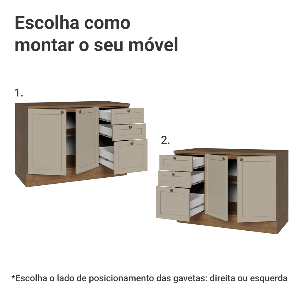 Balcão de Cozinha 120 x 60 cm 2 Portas 3 Gavetas (Com Tampo) Rustic/Crema Vik Madesa