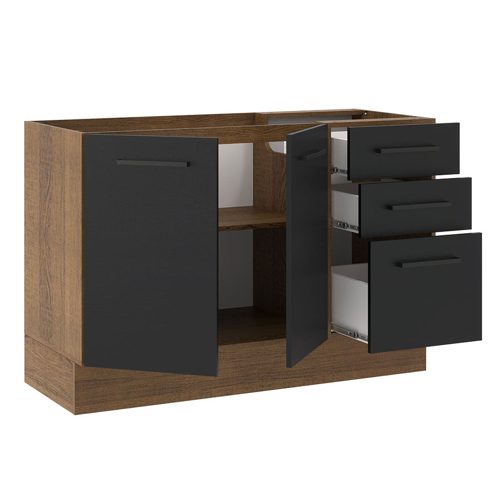 Balcão Gabinete de Pia Madesa Agata 120 x 60 cm 2 Portas e 3 Gavetas (Sem Tampo) Rustic/Preto