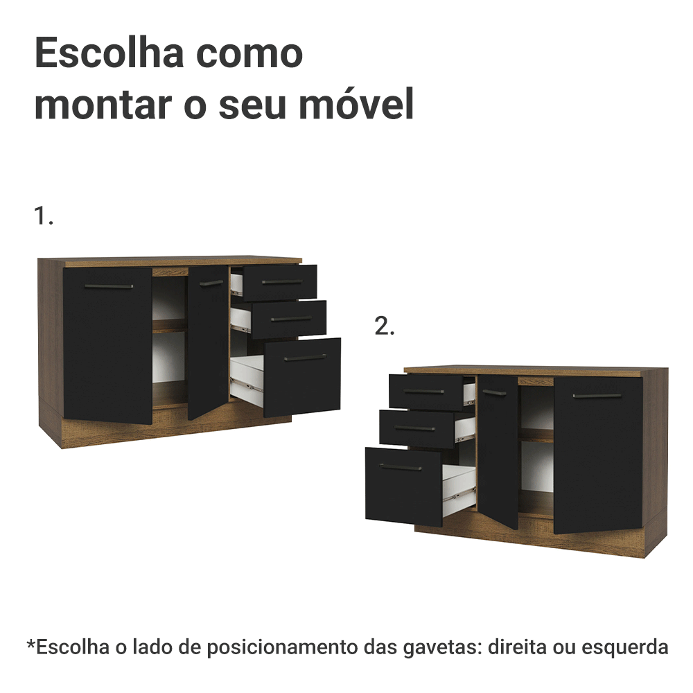 Balcão Cozinha 120 x 60 cm 2 Portas e 3 Gavetas (Com Tampo) Rustic/Preto Agata Madesa