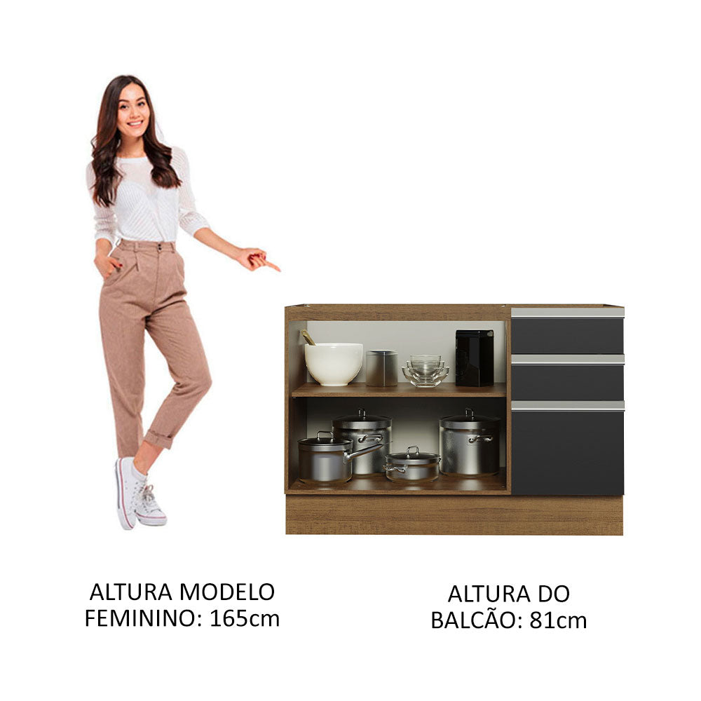 Balcão Gabinete de Pia Madesa Glamy 120 x 60 cm 2 Portas e 3 Gavetas (Sem Tampo) Rustic/Preto