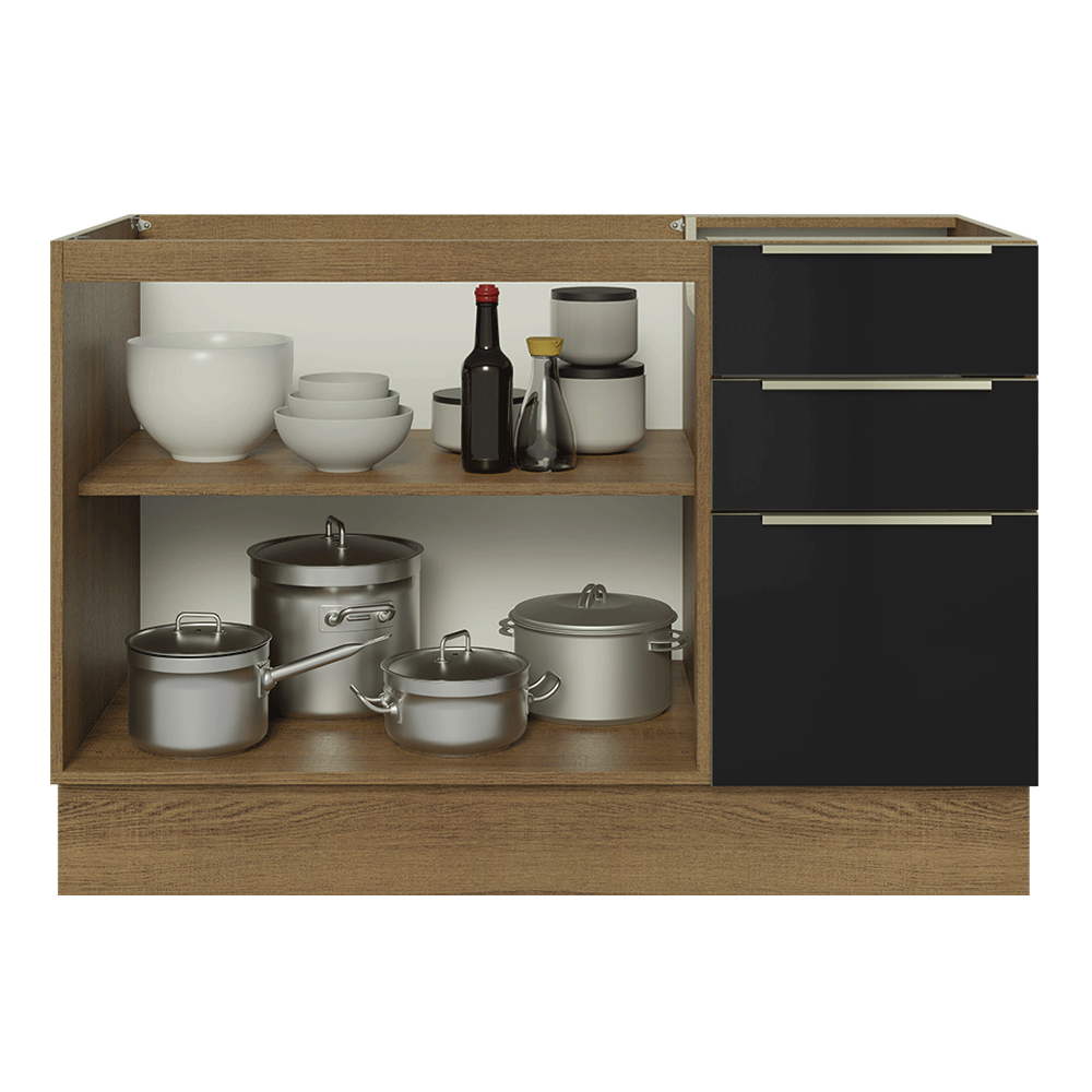 Balcão Gabinete de Pia 120 x 60 cm 2 Portas 3 Gavetas (Sem Tampo) Rustic/Preto Lux Madesa