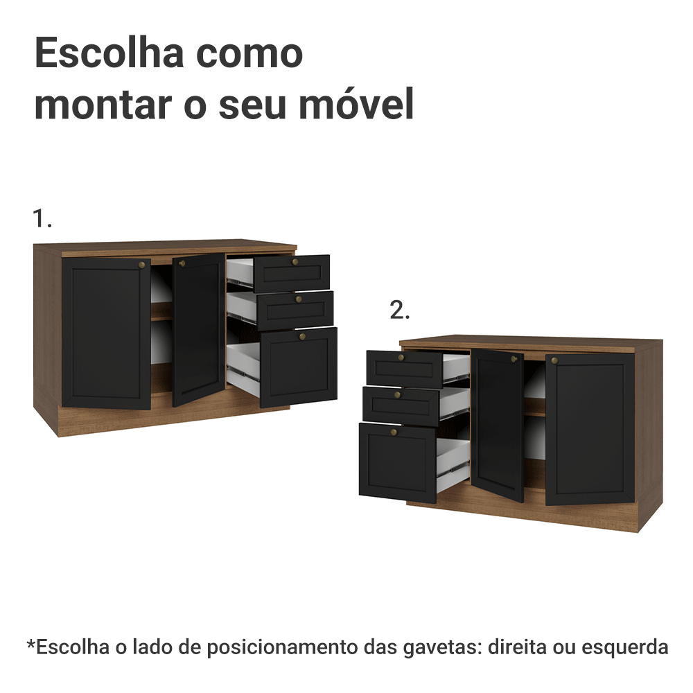 Balcão de Cozinha 120 x 60 cm 2 Portas 3 Gavetas (Com Tampo) Rustic/Preto Vik Madesa