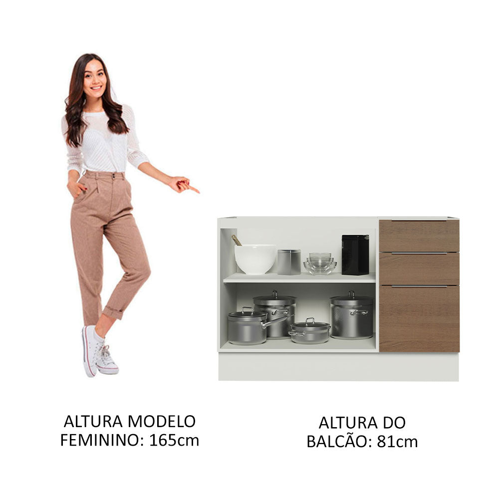 Balcão Gabinete de Pia Madesa Stella 120 x 60 cm 2 Portas e 3 Gavetas (Sem Tampo) Branco/Rustic