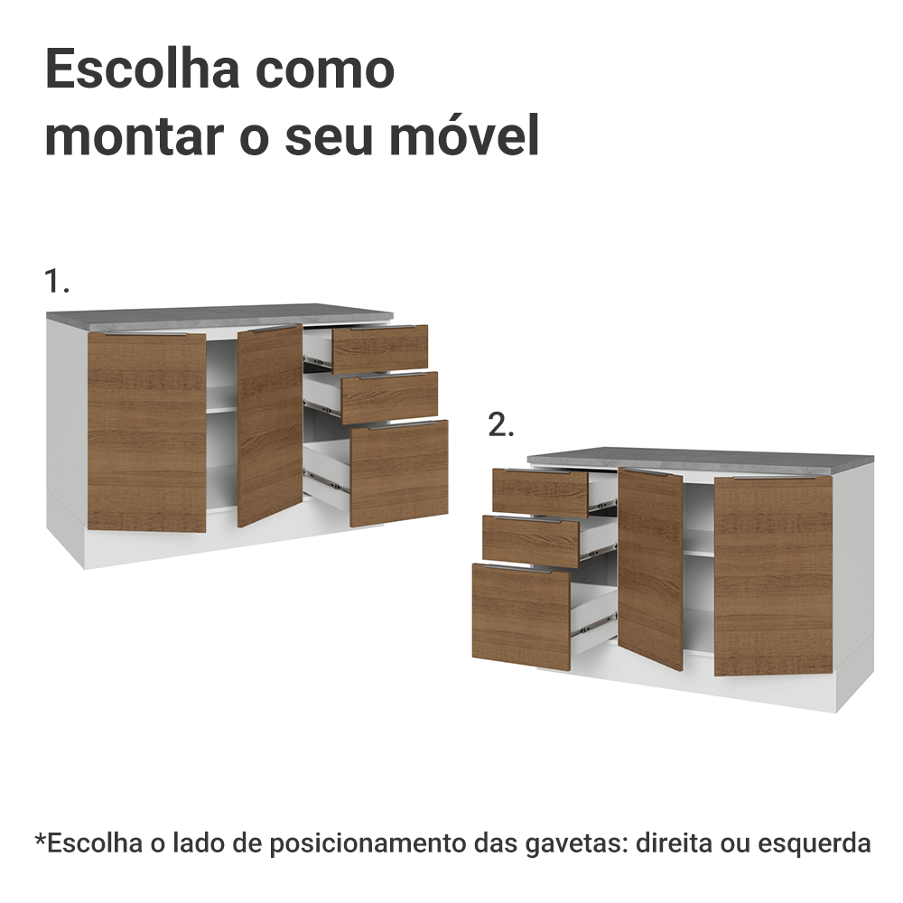 Balcão Cozinha 120 x 60 cm 2 Portas e 3 Gavetas (Com Tampo) Branco/Rustic Stella Madesa