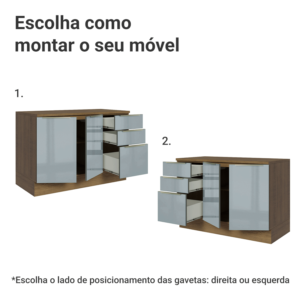 Balcão de Cozinha 120 x 60 cm 2 Portas 3 Gavetas (Com Tampo) Rustic/Cinza Lux Madesa