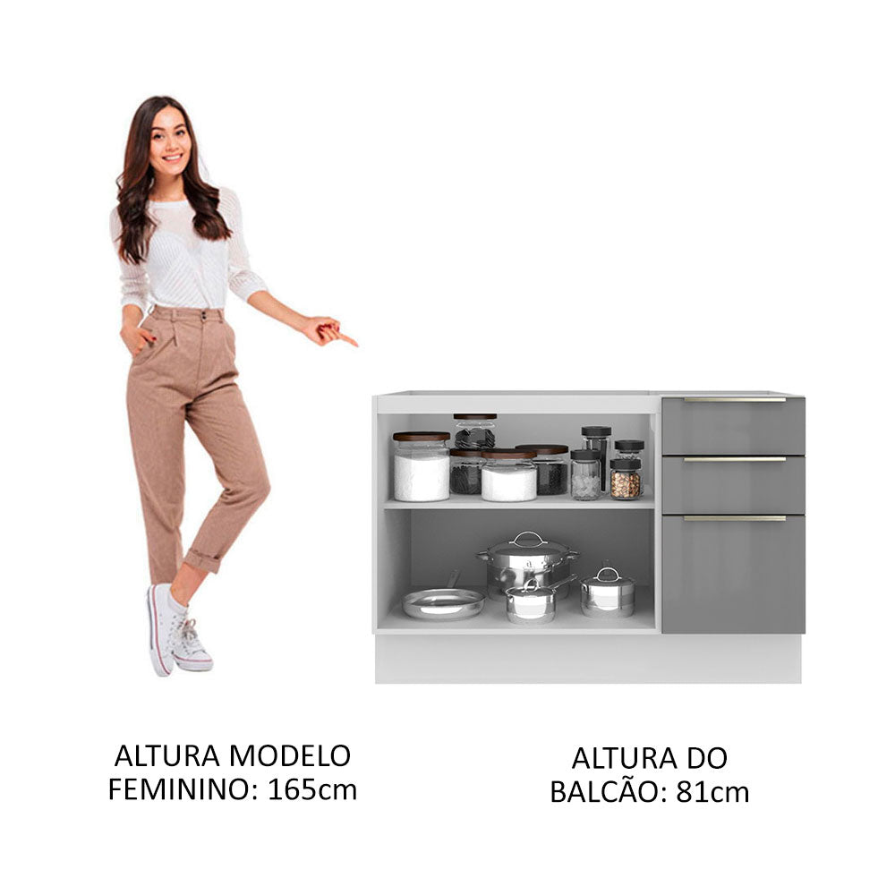 Balcão Gabinete de Pia 120 x 60 cm 2 Portas 3 Gavetas (Sem Tampo) Branco/Cinza Lux Madesa