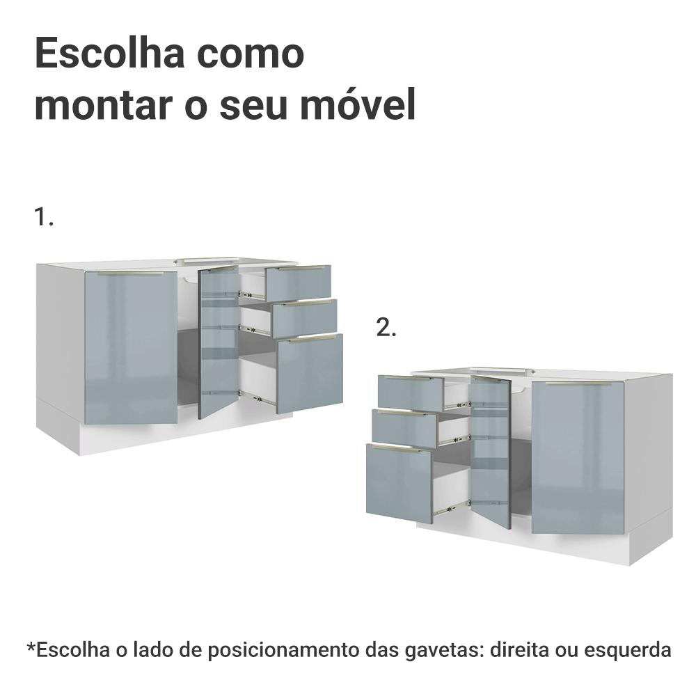 Balcão Gabinete de Pia 120 x 60 cm 2 Portas 3 Gavetas (Sem Tampo) Branco/Cinza Lux Madesa