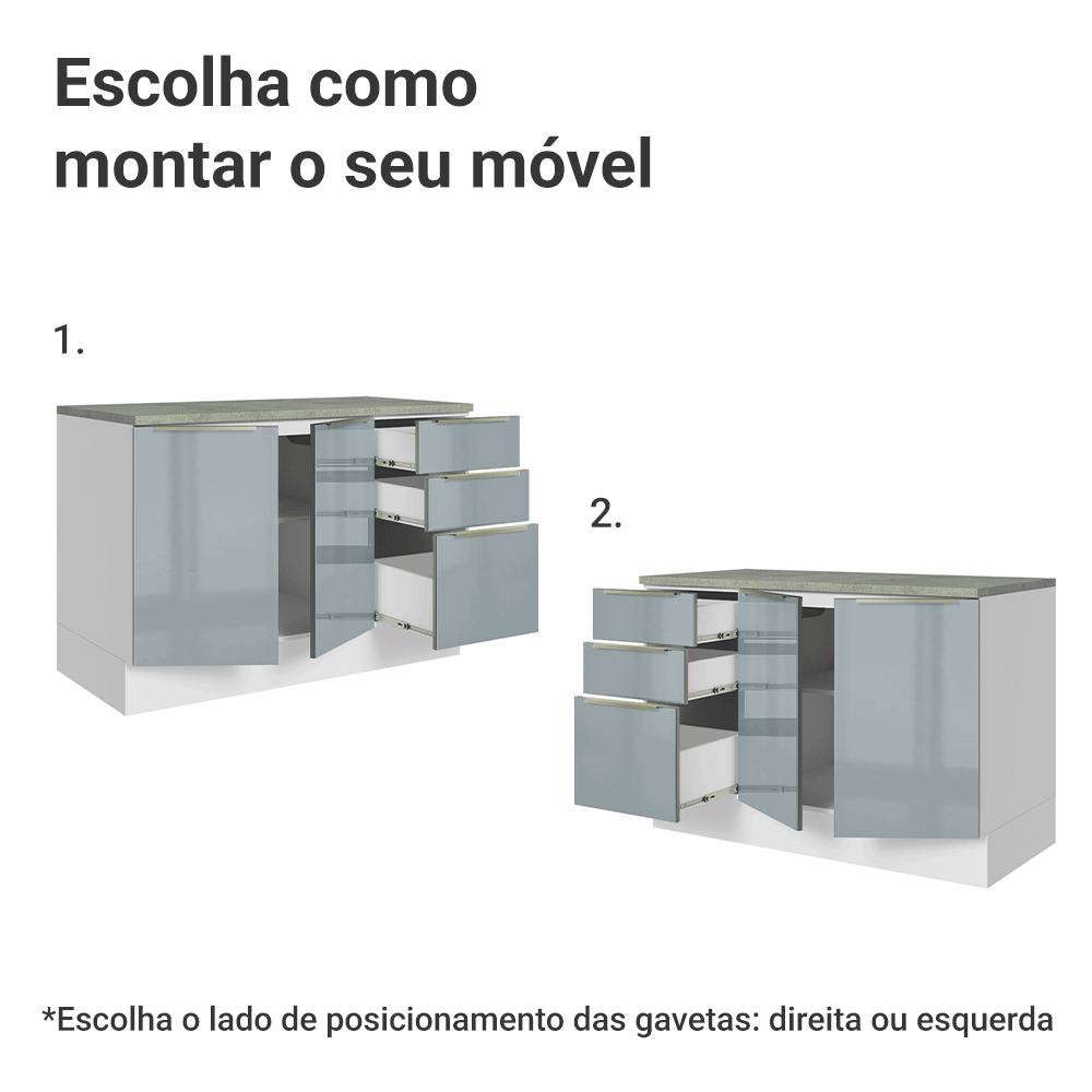 Balcão de Cozinha 120 x 60 cm 2 Portas 3 Gavetas (Com Tampo) Branco/Cinza Lux Madesa