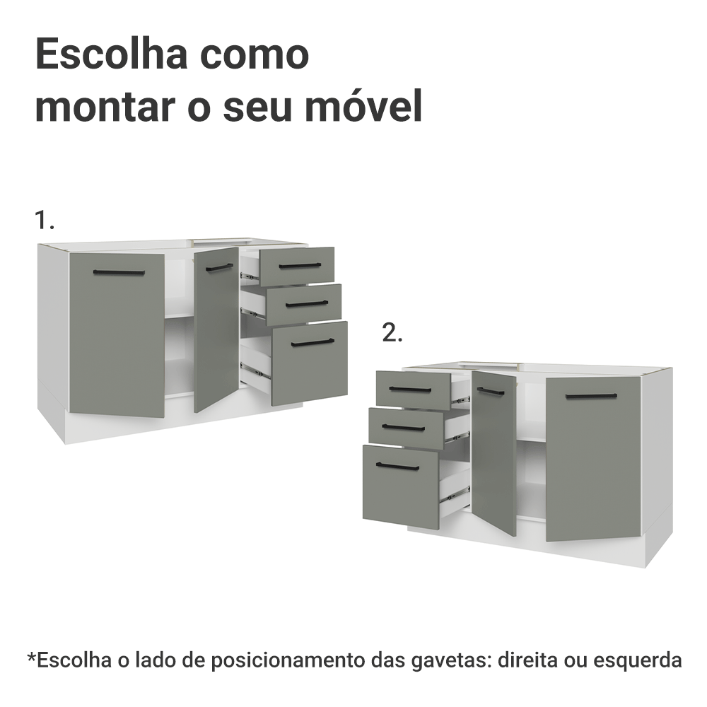 Balcão Gabinete de Pia Madesa Agata 120 x 60 cm 2 Portas e 3 Gavetas (Sem Tampo) Branco/Cinza