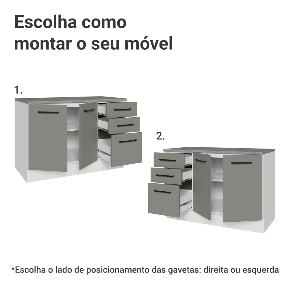 Balcão Cozinha 120 x 60 cm 2 Portas e 3 Gavetas (Com Tampo) Branco/Cinza Agata Madesa